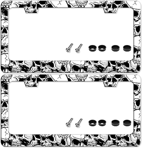 Skull License Plate Frame 2 Pack Black White Skeleton Stainless Steel License Plate Holder for Front or Rear Car Tags Funny for Car Decoration Accessories with Screws 6.3 X 12.2 in for Women Men