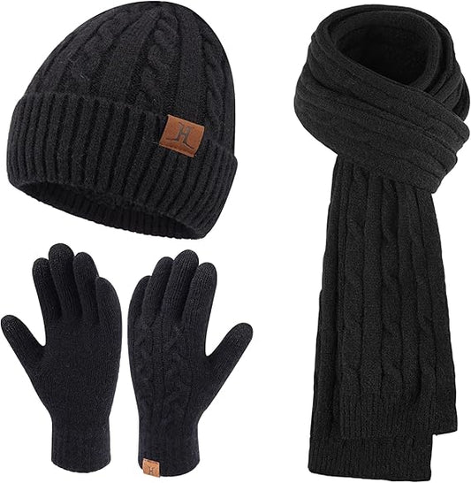 Womens Winter Beanie Hats Long Scarf Touchscreen Gloves Set Warm Knit Skull Caps Gifts for Women