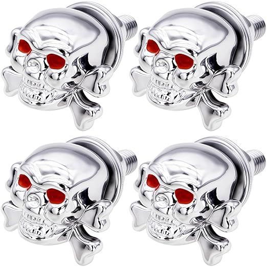 Skull License Plate Screws Kit (4 Pack) - Universal Fit for Cars, Trucks, Motorcycles - Stainless Steel Anti-Theft Bolts with Decorative Silver Skull Caps