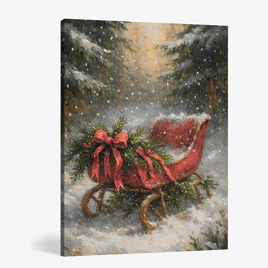 FISWAFY Vintage Christmas Red Sleigh Framed Canvas Wall Art Decor, Farmhouse Rustic Country Holiday Winter Posters Prints Wall Decor for Home Bedroom Living Room Party Cottage, 11x14 Inch