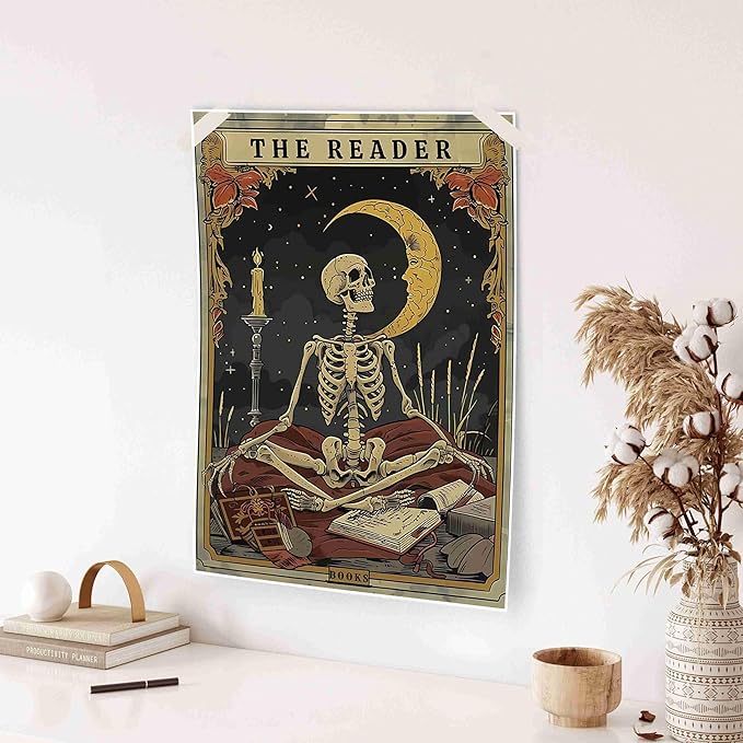 Gothic Skull Reading Wall Art, Vintage Style Canvas Print, Gothic Halloween Canvas Tarot Picture Decor Library Reading Room School Home Decor(L18 xW12-CANVAS)