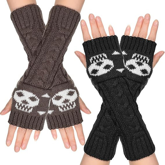 2 Pairs Women's Cable Knit Arm Warmers Fingerless Gloves Thumb Hole Mittens Crossbones Skull Jacquard Knit Gloves Mittens Punk Long Arm Warmers with Thumb Hole
