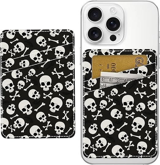 Phone Card Holder, Dual Pocket Leather Phone Wallet Adhesive Stick On, Cute Card Holder, Credit Card Holder for Phone Case Fashion Skull