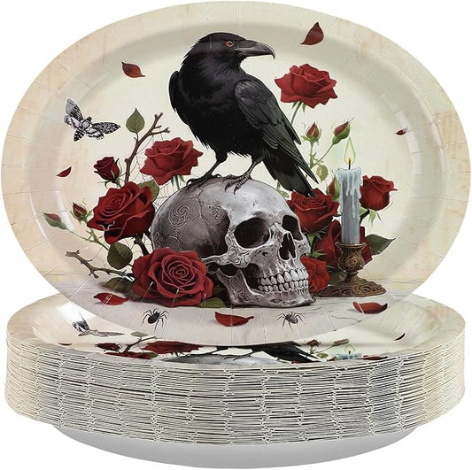50Pcs Halloween Oval Paper Plates 10" x 12" Large Heavy Duty Disposable Halloween Gothic Platters Vintage Skeleton Skull Rose Dessert Plates for Spooky Holiday Horror Theme Party Supplies Decorations