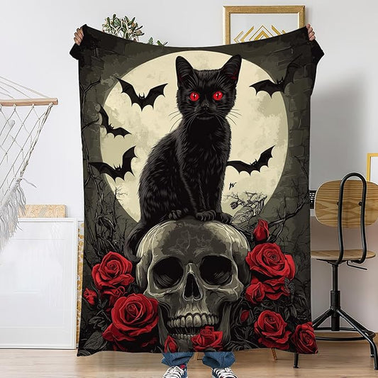 Black Cat Sofa Throw Blankets,Gothic Skull Bats Flower Soft Cozy Fuzzy Lightweight Travel Blanket,Flannel Fleece Fall Throw Blanket for Couch,Bed,Camping,Movie Nights,Watching TV 50 X 60 Inch