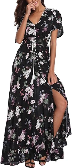 Women's Floral Maxi Dresses Boho Button Up Split Summer Casual Long Dress Beach Party Dress
