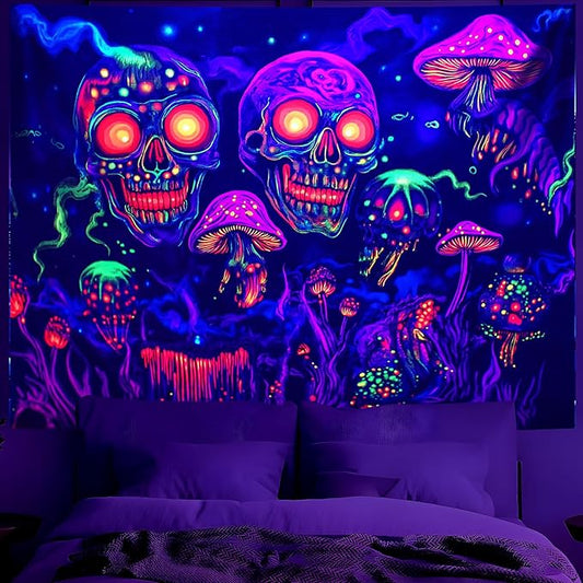 BVBOX Blacklight Halloween Tapestry, UV Reactive Glow In The Dark Black Light Trippy Tapestry Posters for Living Room, Bedroom (Skull Mushroom, 90"x70")