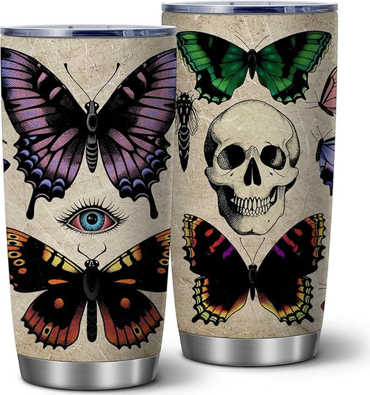 Evil Eye Butterfly Skull Gothic Witchy Tumbler,20 Oz Insulated Stainless Steel Iced Coffee Tumbler with Lid,Funny Travel Coffee Mug Cup Water Bottle,Goth Halloween Birthday Gifts for Women Men,1 Pcs
