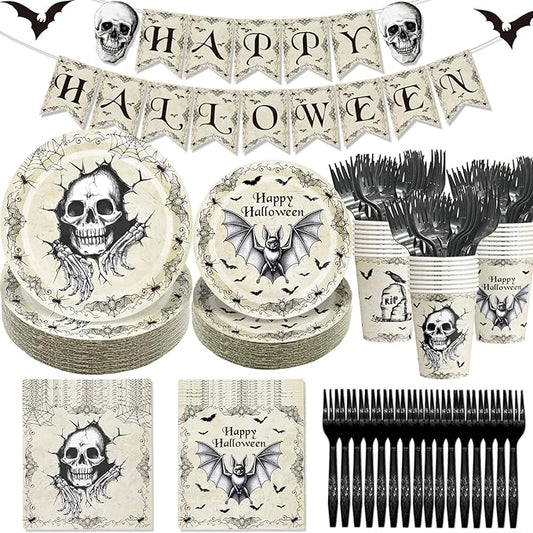 Halloween Party Supplies Halloween Skull Bats Tableware With Banner Disposable Plates Napkins Cups and Forks - Serve 24