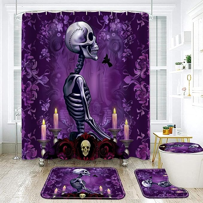 Halloween Shower Curtain and Rugs Bathroom Sets, 4 Pcs Red Rose Skull Couple with Sugar Kiss Flower Bath Decor,Black Waterproof Tub Curtains Mats/U-Shape Rug Toilet Cover Hooks (Purple)