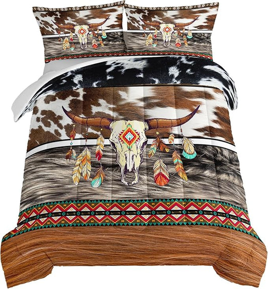 HOSIMA Western Bedding Longhorn Skull Comforter 3 Pieces,Western Highland Cowhide Print Twin Bed in a Bag for Boys Teens Soft Microfiber Fluffy Comforter Farmhouse Style Room Decor Aesthetic.