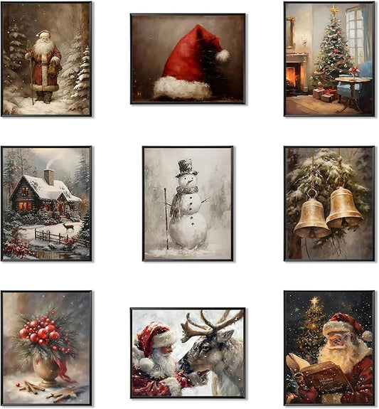 Vintage Christmas Canvas Wall Art Set of 9, Santa Claus Xmas Tree Snow Scene Prints Posters, Winter Holiday Artwork for Living Room Gallery Wall Decor, Christmas Aesthetic Home Decor 8x10 inch Unframed
