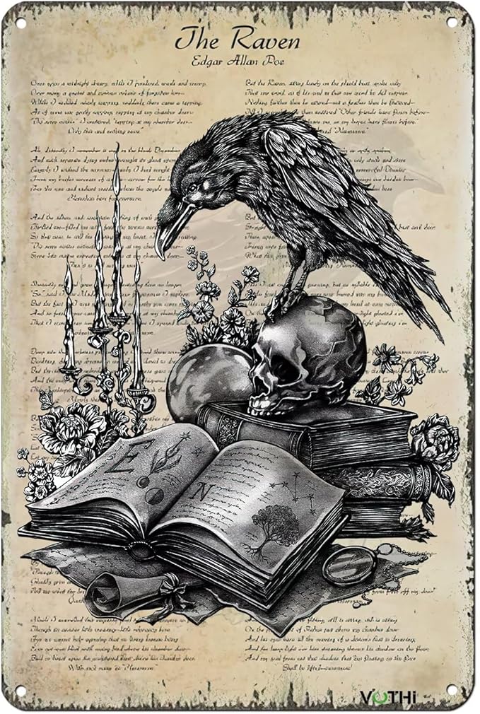 Funny Crow Tin Sign,Skull Poster Gothic Home Decor Aesthetic,Emo Posters Gothic,Witchy Bathroom Decor 8 x 12 Inch