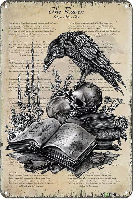 Funny Crow Tin Sign,Skull Poster Gothic Home Decor Aesthetic,Emo Posters Gothic,Witchy Bathroom Decor 8 x 12 Inch