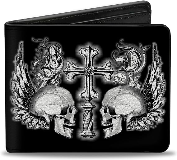 Buckle-Down Wallet, Bifold, Buckle Down Skulls Wings Black White, Vegan Leather