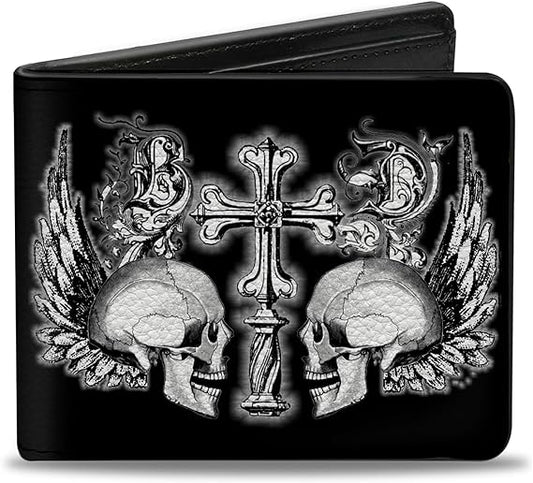 Buckle-Down Wallet, Bifold, Buckle Down Skulls Wings Black White, Vegan Leather