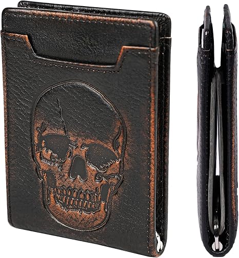 DK86 Skull Wallet for Men with Money Clip Genuine Leather Bifold RFID Blocking Mens Slim Front Pocket Wallet with Hand Burnished