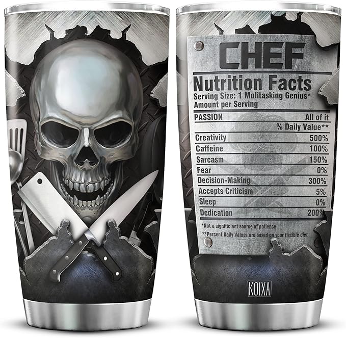 Skull Tumbler Chef Gifts For Men Unique Nutrition Facts Cup 20 Oz Skull Themed Things For People Who Love Cooking Stainless Steel Insulated Mug With Lid Culinary Gift