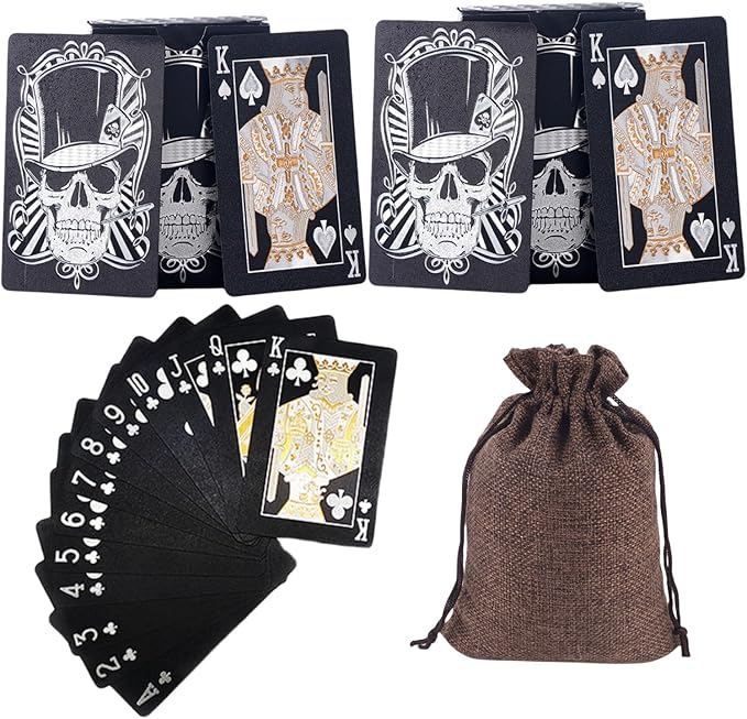 2 Pack Skull Playing Cards Black Poker Cards Waterproof Plastic Black Foil Playing Cards Highly Flexible,2 Decks of Cards with Bag(Silver)
