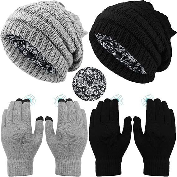 4 Pieces Womens Satin Lined Beanie Hat Gloves Set Knit Slouchy Winter Hats Skull Cap Warm Touchscreen Gloves Set