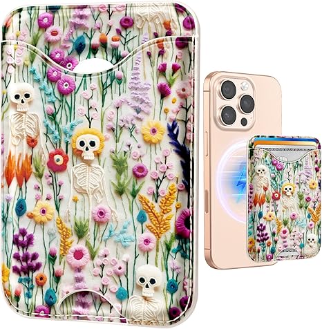 Shorogyt Compatible with Magsafe Wallet Magnetic Card Holder - Skull Flower Phone Wallets for Women Teen Girls Cute for iPhone 17/16/15/14/13/12 Series Slim for Apple Mag RFID Magnet, Fit 3 Cards