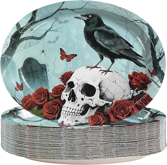 50Pcs Halloween Gothic Skull Oval Paper Plates 10" x 12" Large Heavy Duty Disposable Halloween Rose Crow Platters Vintage Skeleton Skull Dessert Plates for Spooky Holiday Birthday Party Decorations
