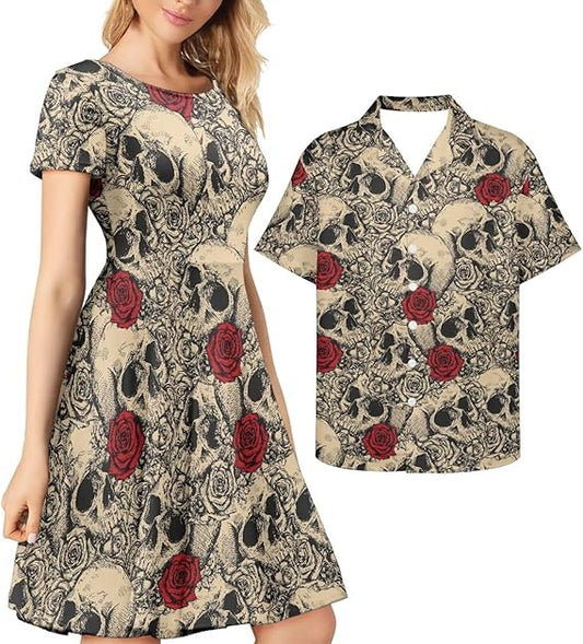 Couple Christmas Shirt and Dress Womens Elegant Short Sleeve Round Neck Cocktail Party Green Xmas Swing Dress