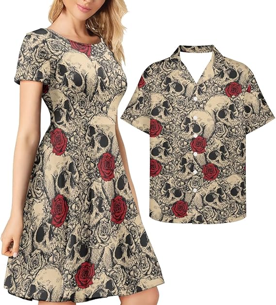 Couple Christmas Shirt and Dress Womens Elegant Short Sleeve Round Neck Cocktail Party Green Xmas Swing Dress