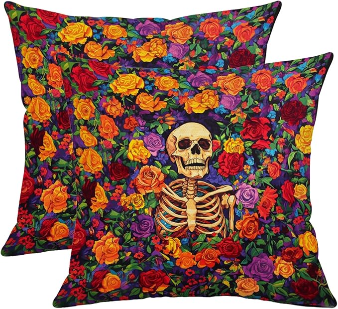 Skeleton and Rose Floral Throw Pillow Covers 18x18 Inch, Set of 2, Gothic Halloween Floral Skull Double-Sided Print Cushion Covers for Couch, Sofa, Bedroom, Day of The Dead Decor