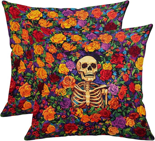Skeleton and Rose Floral Throw Pillow Covers 18x18 Inch, Set of 2, Gothic Halloween Floral Skull Double-Sided Print Cushion Covers for Couch, Sofa, Bedroom, Day of The Dead Decor