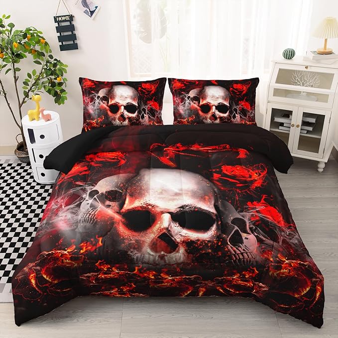 AILONEN Red Rose Skull Comforter Set Full Size,Halloween Gothic Skeleton Bedding Set,Red and Black Comforter + 2 Pillowcases,3 Piece Romantic Flower Skull Themed for Room Decor