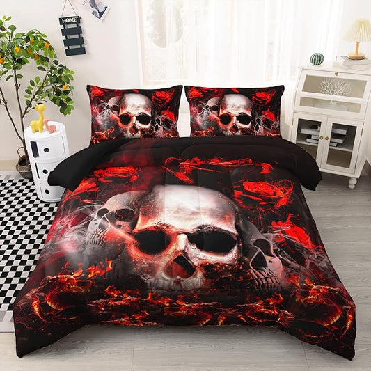 AILONEN Red Rose Skull Comforter Set Full Size,Halloween Gothic Skeleton Bedding Set,Red and Black Comforter + 2 Pillowcases,3 Piece Romantic Flower Skull Themed for Room Decor