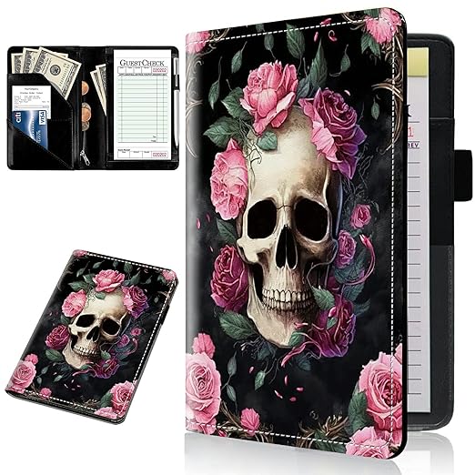 Server Book for Waitress,Black 5x7.75 inch Server Book with Zipper and Pen Holder Waitress Book for Guest Check Book Credit Card Cash Pocket Fits Server Aprons - Pink Rose Flower Skull