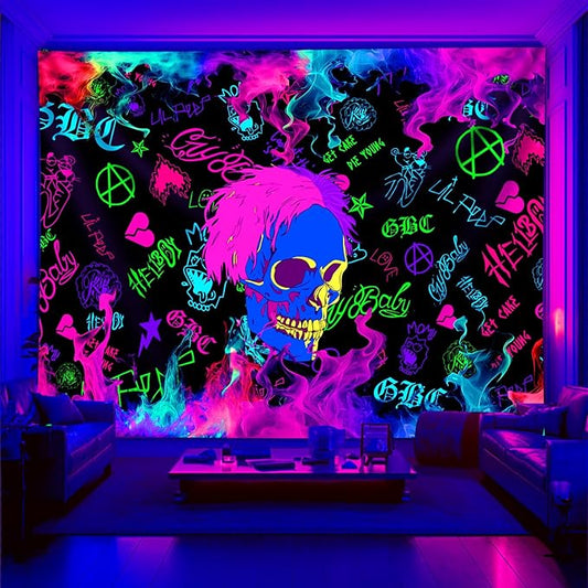 Blacklight Lil Peep Tapestry for Bedroom, Black Light Skull Poster, Rapper Star Tattoo UV Flag (90 x 70 Inches)