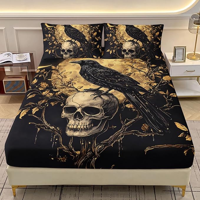 AILONEN Gothic Skull Fitted Sheet Set Twin XL Size, Black Crow Skull Print Bedding Set for Boys Girls Teens,Golden Leaf Moon Bedsheets Set,3-Pieces,1 Fitted Sheet + 2 Pillowcases,Soft