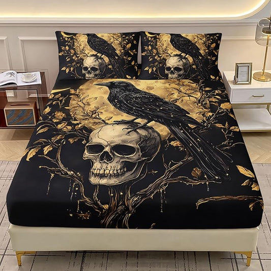 AILONEN Gothic Skull Fitted Sheet Set Twin XL Size, Black Crow Skull Print Bedding Set for Boys Girls Teens,Golden Leaf Moon Bedsheets Set,3-Pieces,1 Fitted Sheet + 2 Pillowcases,Soft