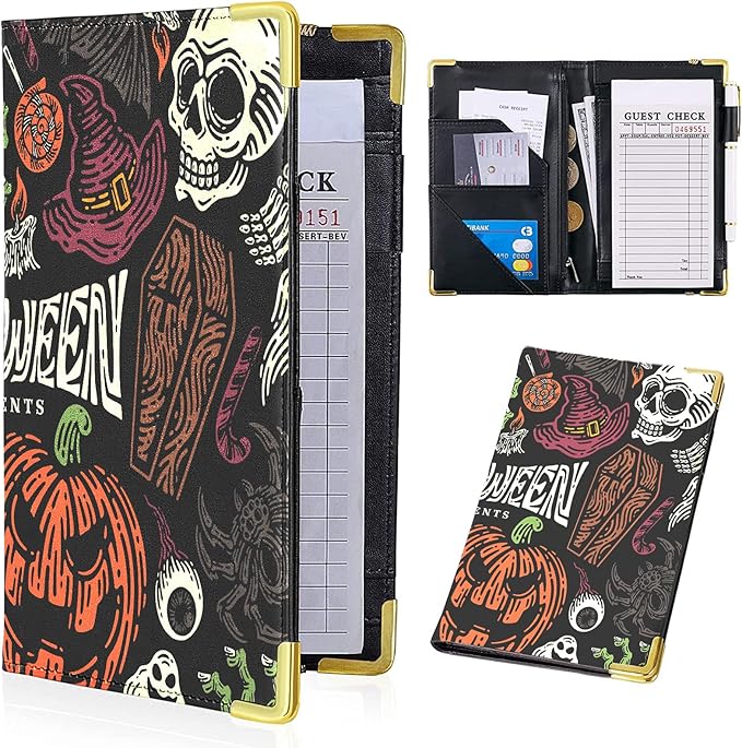 Server Books for Waitress - Halloween Print PU Leather Waiter Book Server Wallet with Zipper Pocket, Skull and Pumpkin Print Waitress Book&Waitstaff Organizer with Money Pocket Fit Server Apron