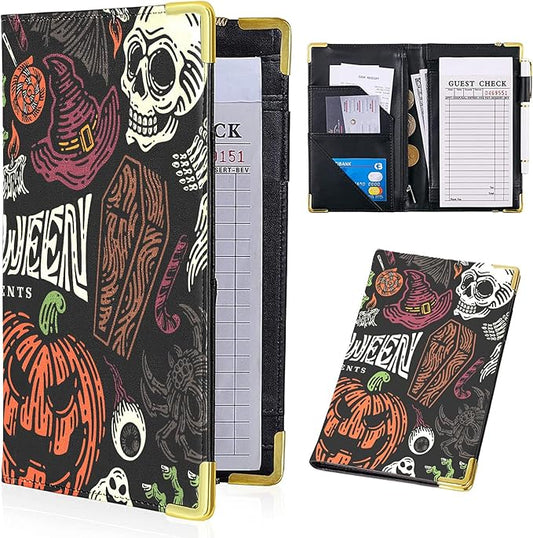Server Books for Waitress - Halloween Print PU Leather Waiter Book Server Wallet with Zipper Pocket, Skull and Pumpkin Print Waitress Book&Waitstaff Organizer with Money Pocket Fit Server Apron