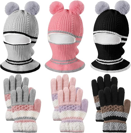 9 Pcs Kids Hood Scarf Gloves Set Kids Knit Hat Winter Thick Earflap Skull Caps Toddler Fleece Beanie Cap Balaclava for Boy Girls, 3 Style