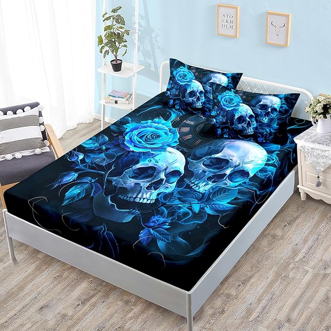HOSIMA Death Skull Heads Boys Queen Size Bedding Set,Horror Theme Halloween Bedding for Teenage Girl Room Decor,Clock Floral Fitted Sheet Gothic Bedding Set,1 Fitted Sheet+2 Pillowcases.