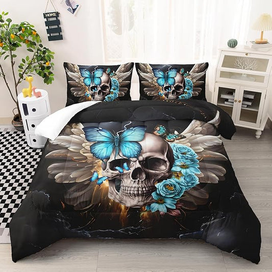 AILONEN 3D Skull Comforter Set Queen Size, White Winged Skull with Butterfly Bedding Set for Kids,Girls,Boho Style Duvet Set,Blue Flower Comforter Set,1 Quilt 2 Pillowcases,Soft