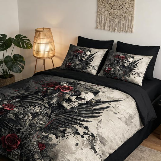 Black Grey Gothic Comforter Sets Queen Size, 3 Pcs Halloween Skull Roses Bedding for Adult Women with 2 Pillowcases, 90"x90"