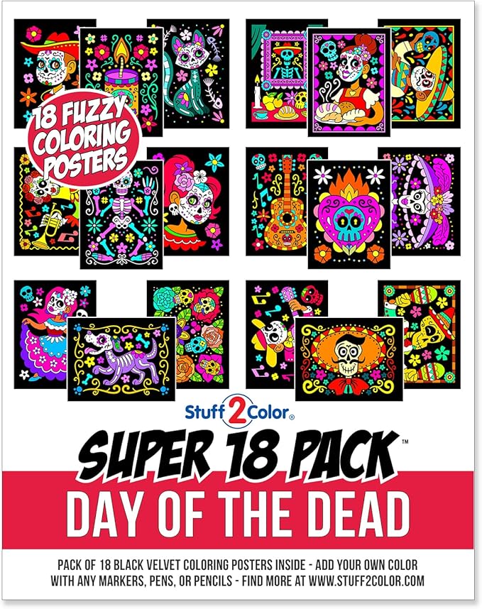 Super Pack of 18 Fuzzy Velvet Coloring Posters (Kids Themed - Day of the Dead) - Halloween and Dia de Los Muertos Coloring Crafts Activity for Toddlers, Kids & Adults - Great Family Fun Art Project