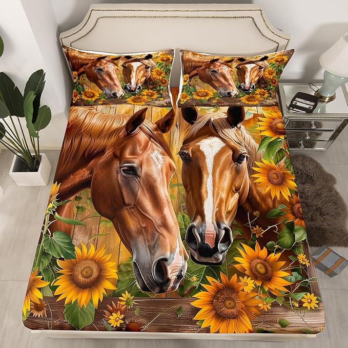 Erosebridal Brown Horse Duvet Cover Twin Size Rustic Blossom Sunflower Bedding Set Farmhouse Animal Bed Sheets for Kids Adults,Wooden Board Country Bed Cover 2 Pcs