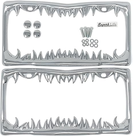 Shark Tooth License Plate Frame with Screws Caps, Set of 2 (Silver)