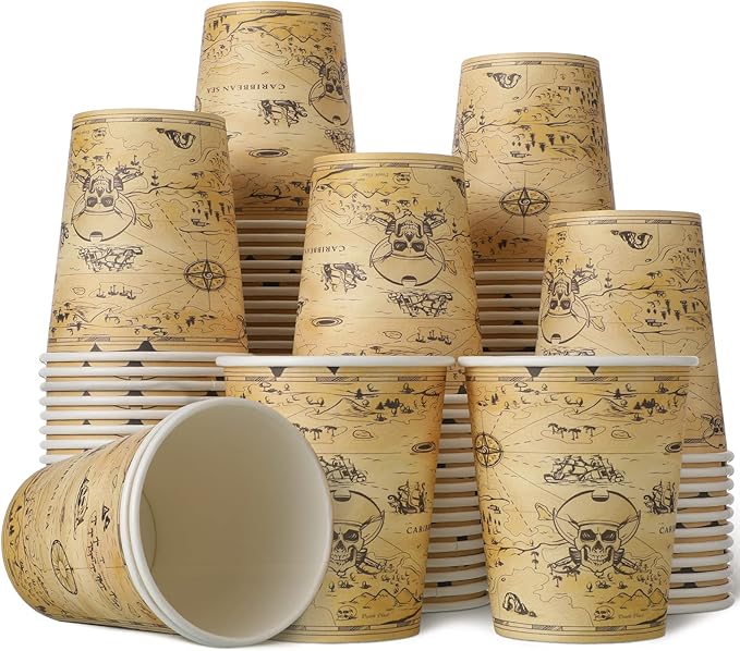 Funtery 100 Pcs Pirate Paper Drinking Cups, 9 oz Pirate Party Supplies Decorations Disposable Skull Treasure Map Drinking Cups for Halloween Birthday Party Drinks Holidays Dinner