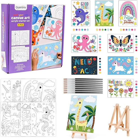 goldentime 8 Packs 5x7 Pre Drawn Canvas Set,Paint by Numbers for Kids,48 Paints 8 Brushes 2 Easels,Pre-Printed Acrylic Oil Painting Kit Ages 8-12 9-12 4-8