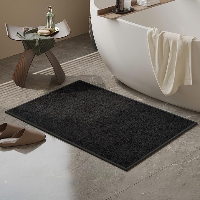 Mecko Bath Mat, Ultra Absorbent Quick Dry Bathroom Floor Mats-Rubber Non-Slip Thin Bathroom Rug Fit Under Door, Cozy Cloth Surface Shower Rug for Bathtub, Sink, Shower Room(Black,16"x24")