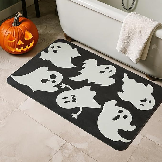 Halloween Bath Mat, Thin Halloween Bathroom Rug Non Slip Quick Dry Ghost Bath Mat Fits Under Door Thin Floor Mat Halloween Decor, 17''x30'', Ghosts Black