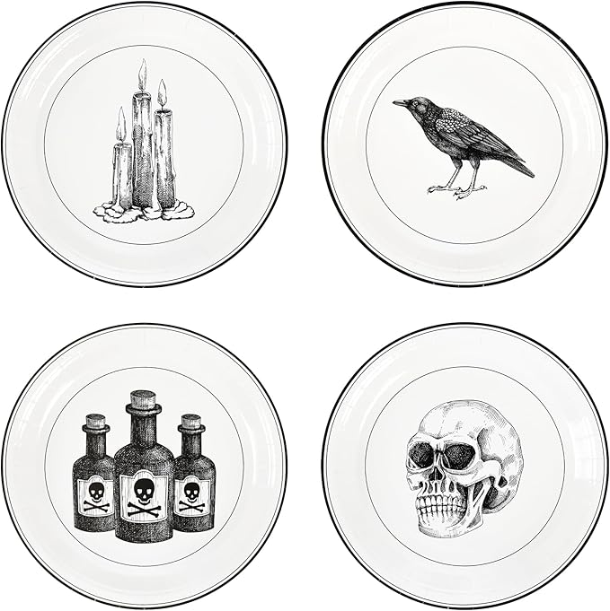 48Pcs Vintage Halloween Party Plates Skull Raven Poisonous Candle Disposable Paper Plates Spooky 9 Inch Dinner Dessert Plate for Halloween Party Supplies Table Decor